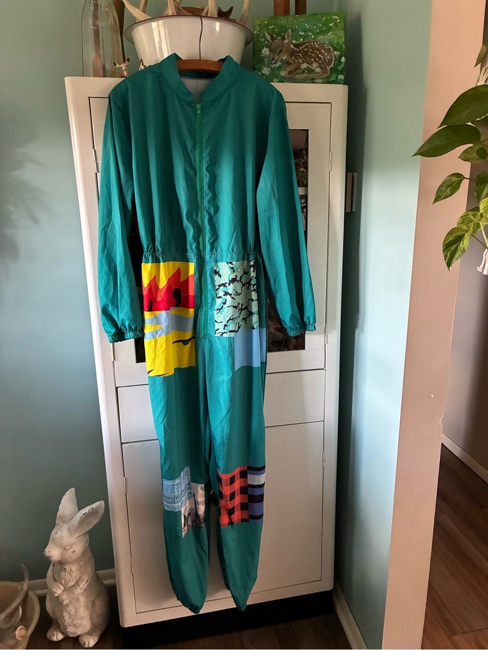 Teal Patchwork Jumpsuit with Colorful Graphic Patches sz L nwot